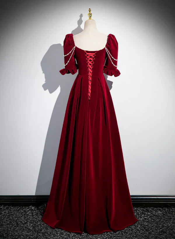 Luolandi Wine Red Velvet Pearl Short Sleeves Long Prom Dress A-line Evening Dress Elegant